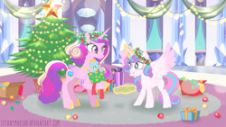 Size: 1920x1080 | Tagged: safe, artist:tiffanymarsou, princess cadance, princess flurry heart, alicorn, pony, christmas, christmas tree, female, holiday, magic, mother and child, mother and daughter, parent and child, present, telekinesis, tree