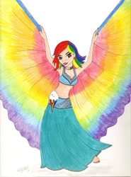 Size: 770x1038 | Tagged: safe, artist:zellykat, rainbow dash, human, belly button, belly dancer, belly dancer outfit, cleavage, clothes, ear piercing, female, humanized, jewelry, long skirt, midriff, nail polish, piercing, skirt, solo