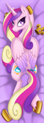 Size: 1024x2882 | Tagged: safe, artist:okapifeathers, princess cadance, alicorn, pony, bedroom eyes, body pillow, body pillow design, cute, cutedance, female, heart eyes, looking at you, looking back, mare, on back, prone, solo, wingding eyes