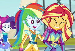 Size: 1245x864 | Tagged: safe, derpibooru import, edit, screencap, rainbow dash, rarity, sunset shimmer, equestria girls, friendship games, :d, cropped, female, grin, inverted mouth, lesbian, shipping, smiling, sunedge shimmer, sunsetdash, teeth