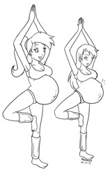 Size: 900x1424 | Tagged: safe, artist:marrazan, allie way, rainbow dash, armpits, blushing, humanized, monochrome, pregnant, yoga