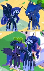 Size: 887x1434 | Tagged: safe, nightmare moon, princess luna, alicorn, pony, anachronism, duality, duo, ethereal mane, female, game screencap, gameloft, gameloft shenanigans, mare, paradox, self ponidox, spread wings, starry mane, wings