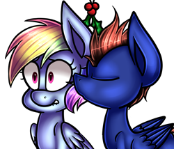 Size: 1280x1096 | Tagged: safe, artist:pinipy, derpibooru import, rainbow dash, oc, pegasus, pony, canon x oc, female, holly, holly mistaken for mistletoe, kiss on the cheek, kissing, male, shipping, straight