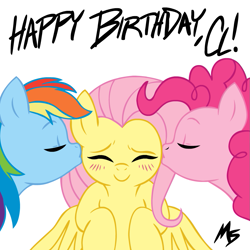 Size: 945x945 | Tagged: safe, artist:deeriojim, artist:megasweet, derpibooru import, fluttershy, pinkie pie, rainbow dash, earth pony, pegasus, pony, birthday, female, flutterdash, flutterpie, kissing, lesbian, polyamory, shipping