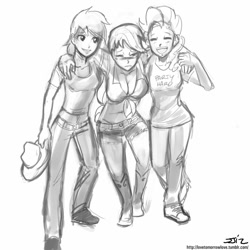 Size: 850x850 | Tagged: safe, artist:johnjoseco, derpibooru import, applejack, pinkie pie, rainbow dash, human, applerack, belly button, breasts, cleavage, clothes, daisy dukes, drunk, drunk aj, female, front knot midriff, grayscale, humanized, midriff, monochrome