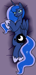 Size: 1011x2050 | Tagged: safe, artist:/d/non, princess luna, alicorn, pony, body pillow, body pillow design, clothes, cutie mark, female, looking at you, lying on bed, on side, shoes, smiling, solo