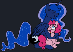 Size: 1300x925 | Tagged: safe, artist:/d/non, pinkie pie, princess luna, alicorn, earth pony, pony, cutie mark, eyes closed, female, folded wings, happy, hug, lesbian, lunapie, mare, one eye closed, open mouth, shipping, smiling, wink