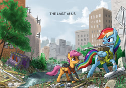 Size: 1500x1050 | Tagged: safe, artist:johnjoseco, rainbow dash, scootaloo, pegasus, pony, backpack, building, bush, carriage, city, clothes, crossover, dirt, female, game, kallisti, mouth hold, newspaper, paper, pipe, rubble, sign, the last of us, trash, tree