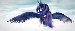 Size: 2160x900 | Tagged: safe, artist:thelunagames, princess luna, alicorn, pony, 3d, cinema4d, cloud, cutie mark, female, horn, jewelry, looking at you, looking back, looking back at you, mare, on a cloud, regalia, solo, spread wings, standing on cloud, tiara, wings