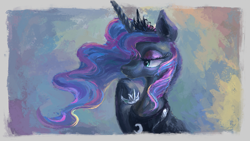 Size: 1707x960 | Tagged: safe, artist:plainoasis, princess luna, alicorn, pony, bust, crown, female, hoof on chin, jewelry, lidded eyes, looking away, mare, portrait, regalia, solo, thinking