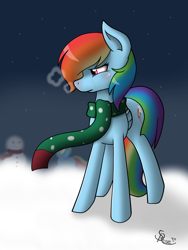 Size: 900x1200 | Tagged: safe, artist:spirit-dude, derpibooru import, rainbow dash, pegasus, pony, clothes, sad, scarf, solo