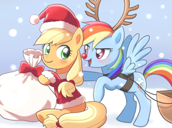 Size: 1380x1025 | Tagged: safe, artist:ryuu, derpibooru import, applejack, rainbow dash, earth pony, pegasus, pony, clothes, reindeer costume, reindeer dash, rudolph dash, santa costume, snow, snowfall