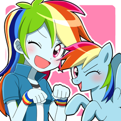 Size: 1000x1000 | Tagged: safe, artist:ryuu, derpibooru import, rainbow dash, human, pegasus, pony, equestria girls, blushing, clothes, cute, dashabetes, female, human ponidox, jacket, looking at you, mare, one eye closed, open mouth, simple background, wink, wristband