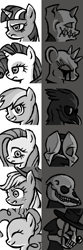 Size: 400x1200 | Tagged: safe, artist:monoglyph, derpibooru import, applejack, fluttershy, pinkie pie, rainbow dash, rarity, twilight sparkle, earth pony, pegasus, pony, unicorn, fanfic, monochrome