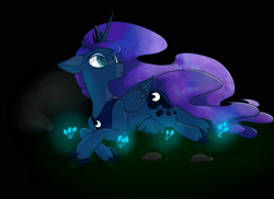 Size: 1650x1200 | Tagged: safe, artist:whiten74, princess luna, alicorn, pony, :3, dark, dark background, female, floppy ears, lying, mare, smiling, solo