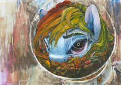 Size: 1900x1343 | Tagged: safe, artist:quiet-victories, derpibooru import, rainbow dash, pegasus, pony, scare master, candy, food, solo, surreal, traditional art, watercolor painting