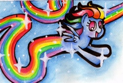 Size: 2615x1765 | Tagged: safe, artist:nabirar, rainbow dash, pegasus, pony, flying, rainbow, solo, traditional art