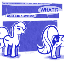 Size: 500x500 | Tagged: safe, artist:clorin spats, princess luna, oc, oc:pun, alicorn, earth pony, pony, ask, ask pun, female, mare, monochrome, plot, pun