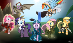 Size: 3638x2138 | Tagged: safe, artist:theparagon, derpibooru import, applejack, fluttershy, pinkie pie, rainbow dash, rarity, spike, twilight sparkle, dragon, earth pony, pegasus, pony, unicorn, armor, chandra nalaar, crossover, elspeth tirel, fantasy, garruk wildspeaker, jace beleren, liliana vess, magic the gathering, mane seven, nicol bolas, nissa revane, planeswalker