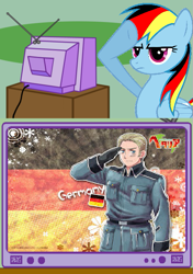 Size: 493x699 | Tagged: safe, rainbow dash, pegasus, pony, exploitable meme, german dash, germany, hetalia, meme, patriotism, rainbow dash salutes, rainbow deutsch, salute, tv meme