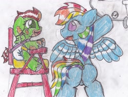 Size: 3109x2357 | Tagged: safe, artist:cuddlelamb, derpibooru import, rainbow dash, oc, oc:northern haste, pegasus, pony, diaper, foal, highchair, jet, northash, plot, traditional art