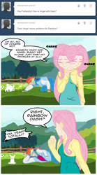 Size: 580x1044 | Tagged: safe, artist:askhumanrainbowshy, derpibooru import, angel bunny, fluttershy, rainbow dash, human, ask, comic, female, flutterdash, humanized, lesbian, shipping, tumblr