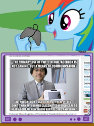 Size: 564x760 | Tagged: safe, rainbow dash, pegasus, pony, exploitable meme, gamerdash, meme, nintendo, satoru iwata, tv meme