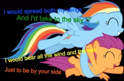 Size: 1024x673 | Tagged: safe, rainbow dash, scootaloo, pegasus, pony, flying, hey ocean, hey ocean!, lyrics, scootalove, text