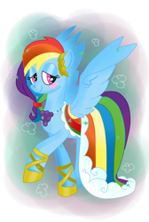 Size: 690x1024 | Tagged: safe, artist:krazykari, derpibooru import, rainbow dash, pegasus, pony, blushing, clothes, dress, gala dress, solo