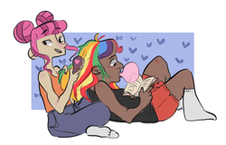 Size: 1280x821 | Tagged: safe, artist:let-the-rainbow-remind-us, derpibooru import, majorette, rainbow dash, human, friendship games, background human, bubblegum, comb, dark skin, female, food, grooming, humanized, lesbian, reading, shipping, sweet rainbow, sweetendash