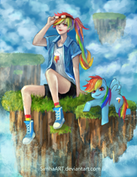 Size: 2550x3300 | Tagged: safe, artist:simha, derpibooru import, rainbow dash, human, alternate hairstyle, clothes, converse, cute, dashabetes, floating island, glasses, human ponidox, humanized, lipstick, shoes