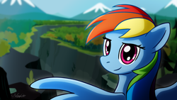 Size: 1920x1080 | Tagged: safe, artist:warpout, rainbow dash, pegasus, pony, female, ghastly gorge, gorge, mare, solo, spread wings, wallpaper, wings