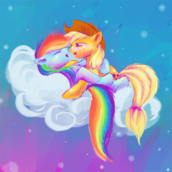 Size: 504x504 | Tagged: safe, artist:lazeros, derpibooru import, applejack, rainbow dash, earth pony, pegasus, pony, appledash, blushing, cloud, female, lesbian, shipping