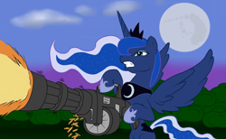 Size: 1328x816 | Tagged: safe, artist:joelashimself, artist:sergflutter, edit, princess luna, alicorn, pony, cloud, colorized, gun, minigun, moon, solo, weapon