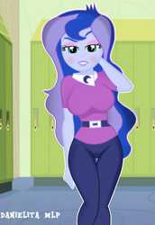 Size: 1024x1491 | Tagged: safe, artist:danielitamlp, princess luna, vice principal luna, equestria girls, arm behind head, blushing, breasts, canterlot high, female, lockers, princess balloona, show accurate, solo