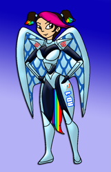 Size: 637x989 | Tagged: safe, artist:odiz, rainbow dash, human, battle suit, breasts, female, humanized, miko nakadai, solo, transformers, transformers prime