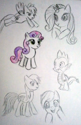 Size: 328x506 | Tagged: safe, artist:jklrxdk, derpibooru import, rainbow dash, rarity, spike, sweetie belle, dragon, pegasus, pony, unicorn, sketch dump, traditional art