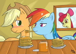 Size: 2000x1418 | Tagged: safe, artist:brainsucks, derpibooru import, apple bloom, applejack, rainbow dash, earth pony, pegasus, pony, appledash, blushing, butter, cute, female, food, honey, honey dipper, jackabetes, lesbian, pancakes, shipping, table, voyeur, window