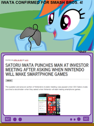 Size: 564x760 | Tagged: safe, rainbow dash, pegasus, pony, exploitable meme, fake, gamerdash, meme, nintendo, obligatory pony, satoru iwata, super smash bros., tv meme