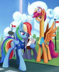 Size: 526x640 | Tagged: safe, artist:gsphere, edit, rainbow dash, scootaloo, pegasus, pony, /mlp/, academy record, are you frustrated?, clothes, long neck, meme, necc, uniform, wat, wonderbolt trainee uniform, wonderbolts