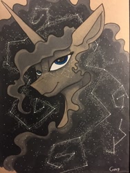 Size: 960x1280 | Tagged: safe, artist:greyscaleart, princess luna, alicorn, pony, constellation, constellation freckles, ethereal mane, female, freckles, greyscaleart is trying to murder us, mare, monochrome, neo noir, partial color, solo, starry mane, traditional art