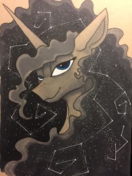 Size: 960x1280 | Tagged: safe, alternate version, artist:greyscaleart, princess luna, alicorn, pony, constellation, ethereal mane, female, greyscaleart is trying to murder us, mare, monochrome, neo noir, partial color, solo, starry mane, traditional art