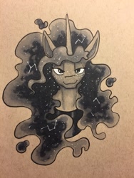 Size: 960x1280 | Tagged: dead source, safe, artist:greyscaleart, princess luna, alicorn, pony, :3, bust, constellation, female, freckles, grayscale, greyscaleart is trying to murder us, lidded eyes, looking at you, mare, monochrome, smiling, smug, solo, traditional art