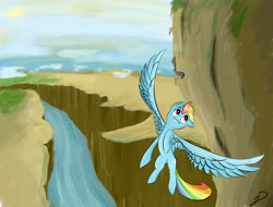 Size: 3150x2400 | Tagged: safe, artist:xprototype1231x, derpibooru import, rainbow dash, pegasus, pony, canyon, flying, river, solo