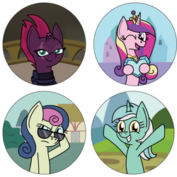 Size: 2250x2250 | Tagged: safe, artist:toonboy92484, bon bon, lyra heartstrings, princess cadance, sweetie drops, tempest shadow, alicorn, pony, buttons