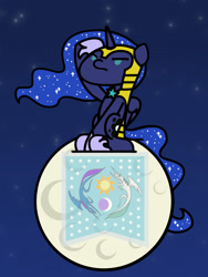 Size: 1350x1800 | Tagged: safe, artist:flutterluv, princess luna, alicorn, pony, series:flutterluv's full moon, armor, chibi, equestrian flag, flag, full moon, memorial day, moon, salute, sitting, solo