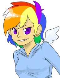 Size: 700x900 | Tagged: safe, artist:quackingmoron, rainbow dash, floating wings, humanized, solo, winged humanization