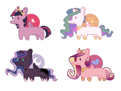 Size: 1200x900 | Tagged: safe, artist:ask-azalea-grey, princess cadance, princess celestia, princess luna, twilight sparkle, twilight sparkle (alicorn), alicorn, pony, alicorn tetrarchy, beady eyes, chibi, crown, hoof shoes, jewelry, long, missing cutie mark, regalia