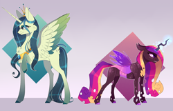 Size: 3000x1937 | Tagged: safe, artist:soundwavepie, princess cadance, queen chrysalis, alicorn, changeling, changeling queen, pony, alternate universe, changelingified, chest fluff, female, mare, ponified, role reversal, simple background, species swap