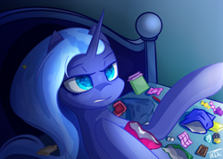 Size: 7000x5000 | Tagged: safe, artist:kids-in-the-corner, princess luna, alicorn, pony, absurd resolution, annoyed, bed, candy, chips, dark, eyes open, food, glow, messy, reaching, shading, snacks, solo, speedpaint